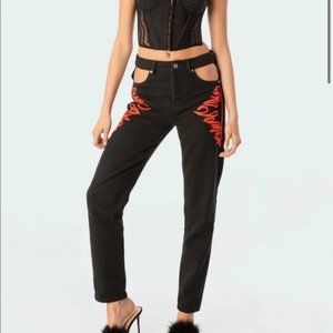 Edikted Black Red Flames Button Up Jeans Size S NWT